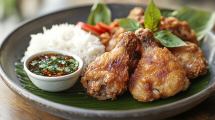 Fototapeta premium A plate of perfectly fried chicken with a crisp exterior, served with aromatic rice, fresh herbs, and a small bowl of dipping sauce, all set on a simple plate