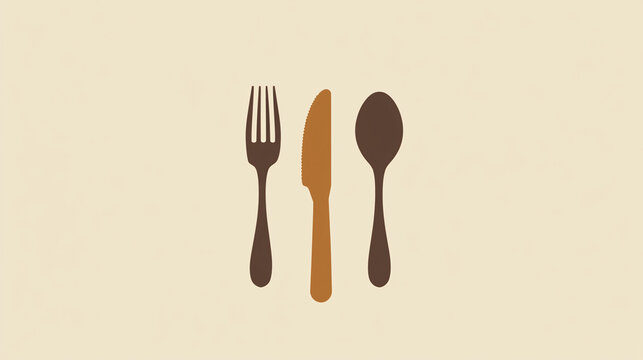 a simple modern illustration of a fork knife and spoon in brown tones on a beige background representing dining and minimal food concepts

