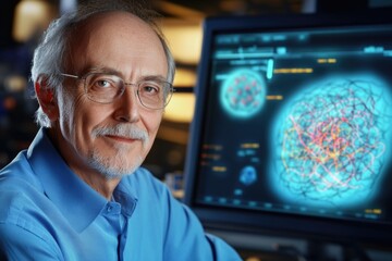 Mature caucasian male scientist analyzing complex data on computer screen in laboratory
