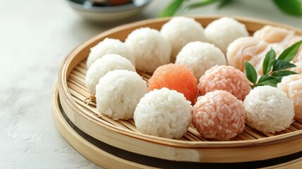 A plate of rice balls with different fillings such as umeboshi, tuna, and salmon, placed on a bamboo tray with a clean, neutral background