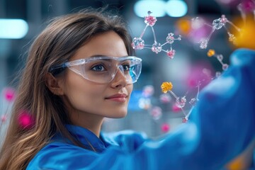Young caucasian female scientist analyzing molecular structures in laboratory with goggles