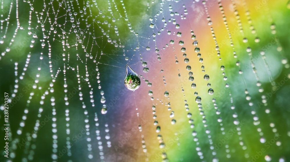 Poster a rainbow reflecting in raindrops on a spiderweb, with blurred greenery in the background for a natu