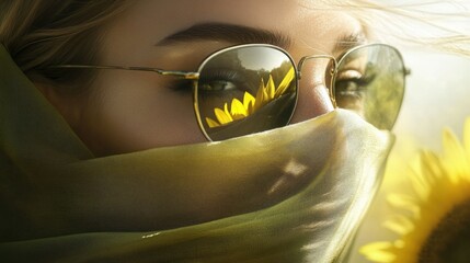 Obraz premium Caucasian young female with sunglasses reflecting sunflower