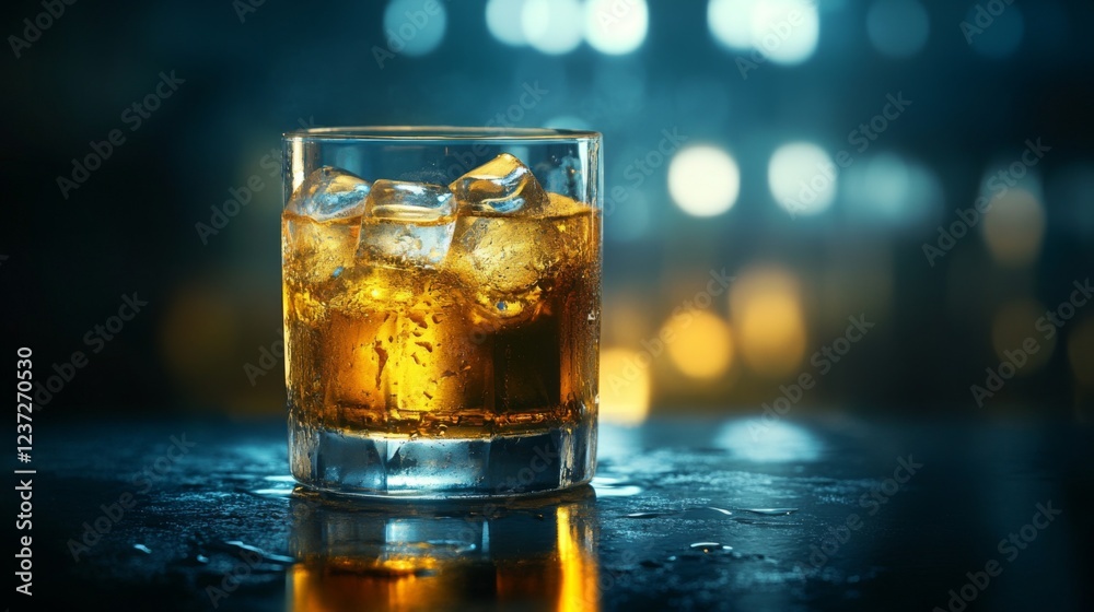 Aufkleber A refreshing glass of beer filled with ice cubes, set on a bar counter with soft reflections, creating a cool and crisp look with a touch of ambient light