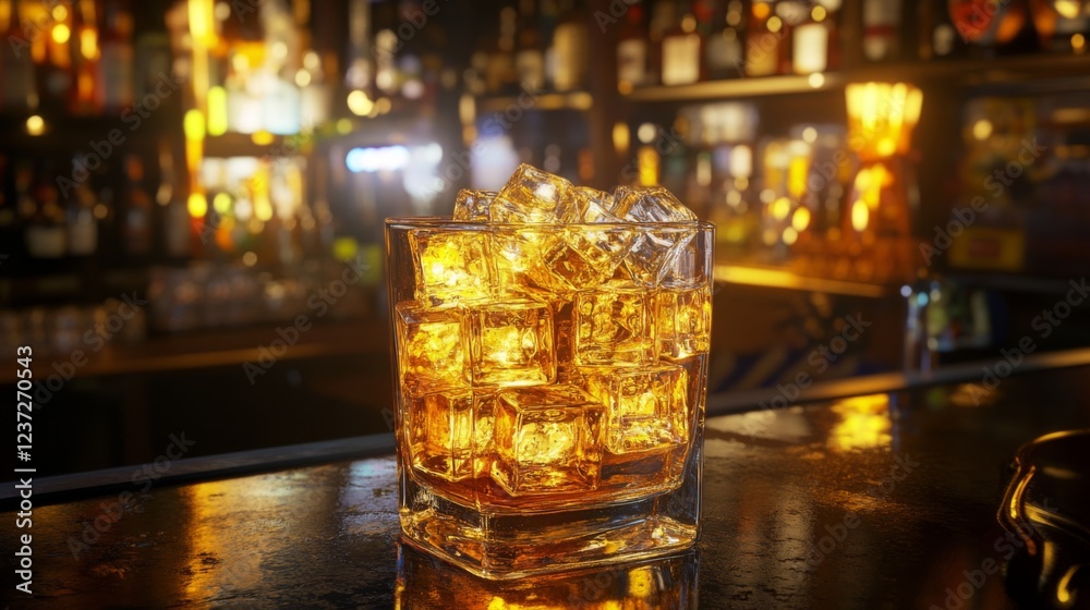 Poster A refreshing glass of beer filled with ice cubes, set on a bar counter with soft reflections, creating a cool and crisp look with a touch of ambient light