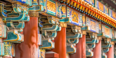 Close up view of vibrant and intricate carvings and decorations adorning a traditional chinese structure, highlighting the rich artistry and cultural heritage of china