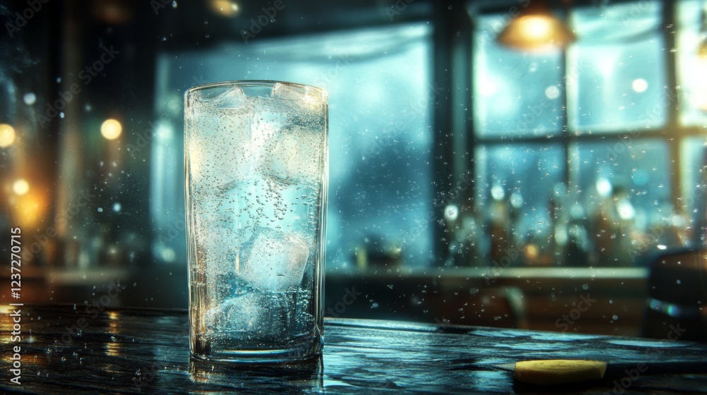 Poster A refreshing shot of a cold soda with ice cubes, the liquid fizzing and sparkling, placed on a rustic wooden table with soft, diffused lighting