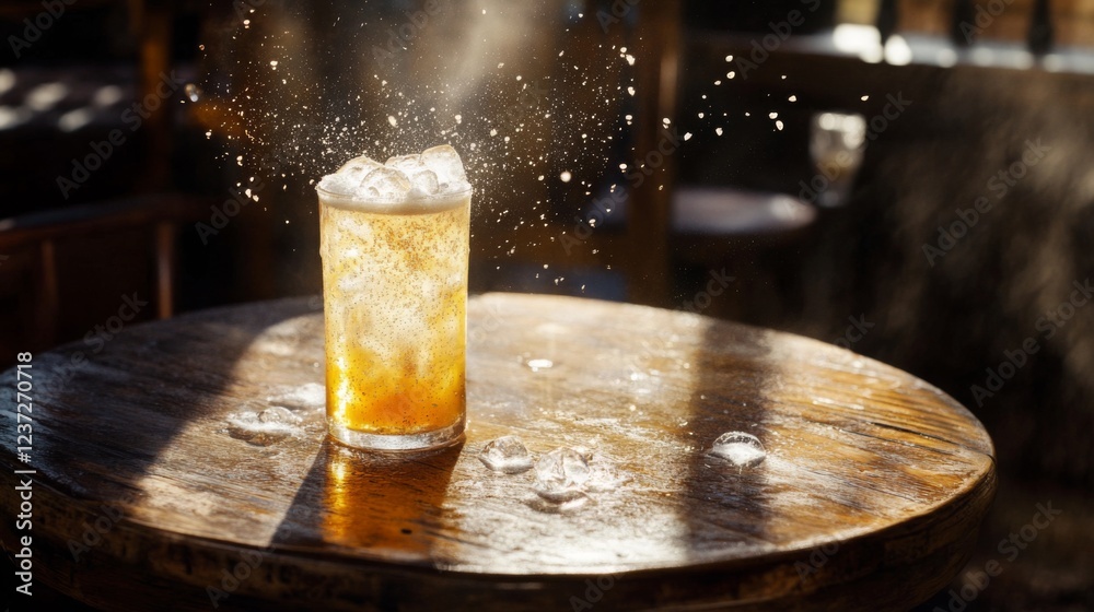 Poster A refreshing shot of a cold soda with ice cubes, the liquid fizzing and sparkling, placed on a rustic wooden table with soft, diffused lighting