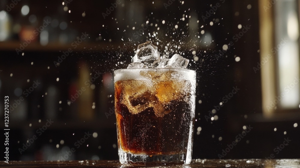 Poster A refreshing shot of a cold soda with ice cubes, the liquid fizzing and sparkling, placed on a rustic wooden table with soft, diffused lighting