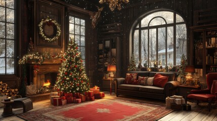 Cozy christmas living room with decorated tree and gifts by the fireplace in a snowy winter setting