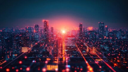 Fototapeta premium Futuristic cityscape at night with glowing skyscrapers and digital grid overlay