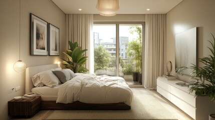 Cozy modern bedroom with large windows and green balcony view in bright natural light