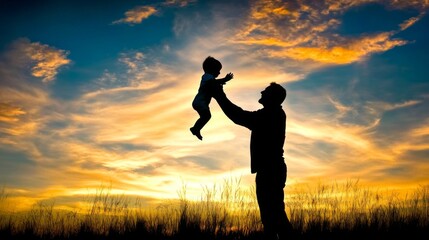 Fototapeta premium A silhouette of a father lifting his child in the air, with a glowing sunset in the background casting beautiful, elongated shadows on the ground