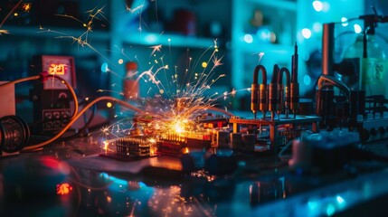 Obraz premium Enigmatic World of Glowing Circuits and Magnets: A Glimpse into the Physics Lab's Electronic Realm
