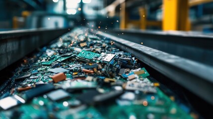 Conveyor belt transporting discarded circuit boards and electronic components in a modern recycling facility, highlighting innovative methods for resource recovery and environmental sustainability