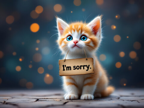 Cute kitten holding "I'm sorry" sign, looking adorable and apologetic with wide blue eyes.