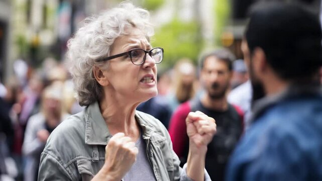Angry mature senior merican woman full of hate screaming. whining 