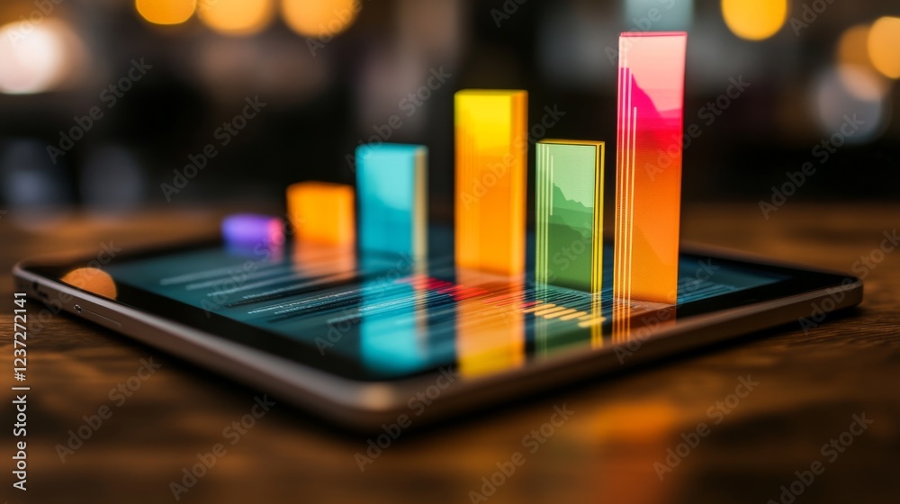 Fototapete a sleek and modern financial bar graph displayed on a tablet screen with colorful bars showing fluct