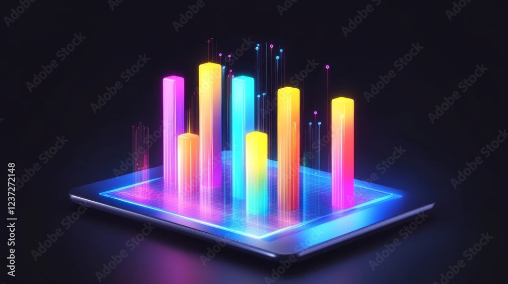 Leinwandbilder a sleek and modern financial bar graph displayed on a tablet screen with colorful bars showing fluct