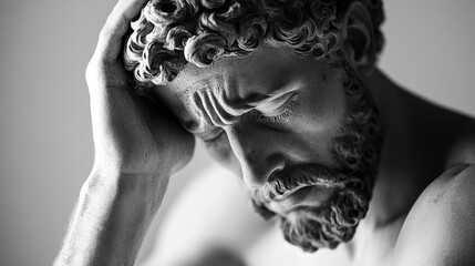 Thoughtful male sculpture contemplating in black and white close-up