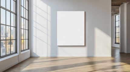 Obraz premium Large blank white canvas hanging in modern industrial-style art gallery with wooden floor and tall windows