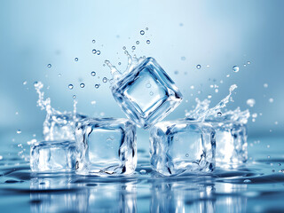 Ice cubes splashing in water, capturing the essence of cool refreshment and hydration with a glistening, frosty appeal.
