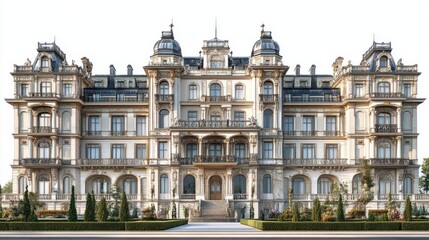 Fototapeta premium Grand historical palace facade with intricate architecture and lush garden landscaping