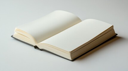 Open blank book on a white background with curved pages and soft lighting