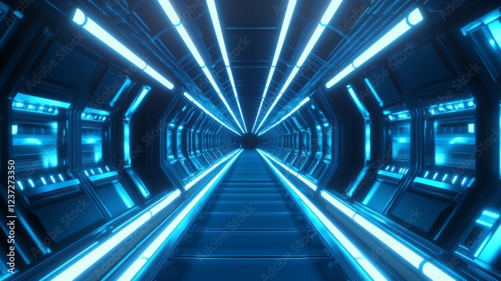 Leinwandbilder A subway tunnel with glowing lights along the walls, creating a symmetrical path with parallel tracks and smooth concrete surfaces, leading to an unknown destination