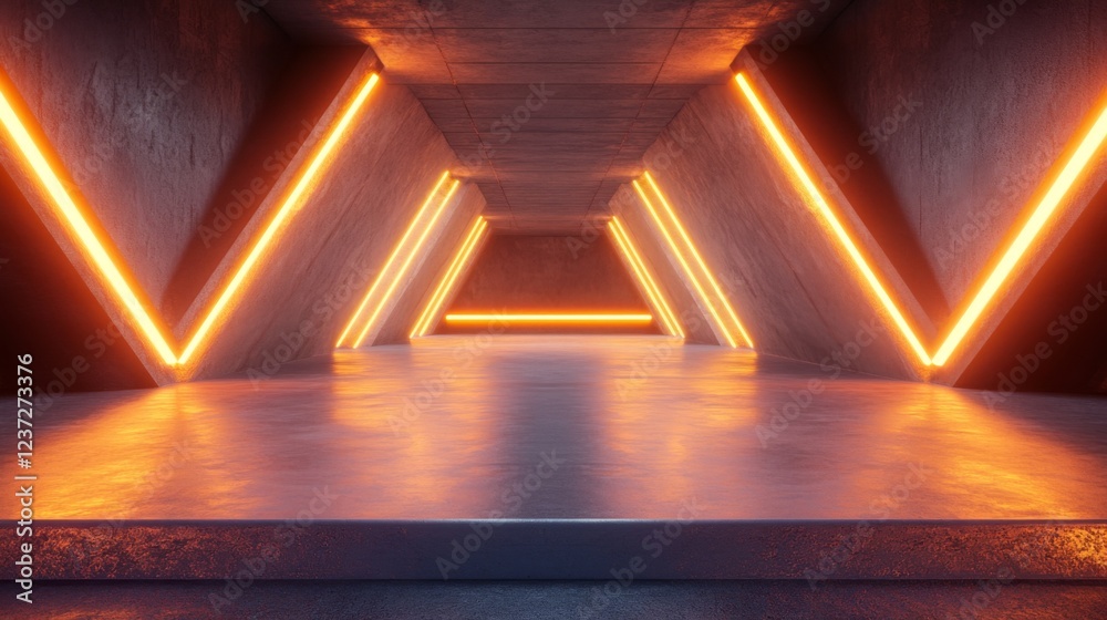 Leinwandbilder A subway tunnel with glowing lights along the walls, creating a symmetrical path with parallel tracks and smooth concrete surfaces, leading to an unknown destination