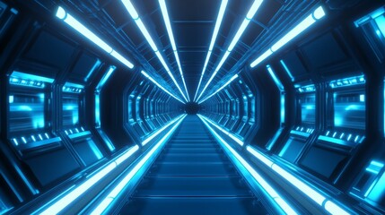 Fototapeta premium A subway tunnel with glowing lights along the walls, creating a symmetrical path with parallel tracks and smooth concrete surfaces, leading to an unknown destination