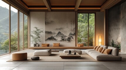 Fototapeta premium Tranquil japanese-inspired living room with scenic mountain views and minimalist decor