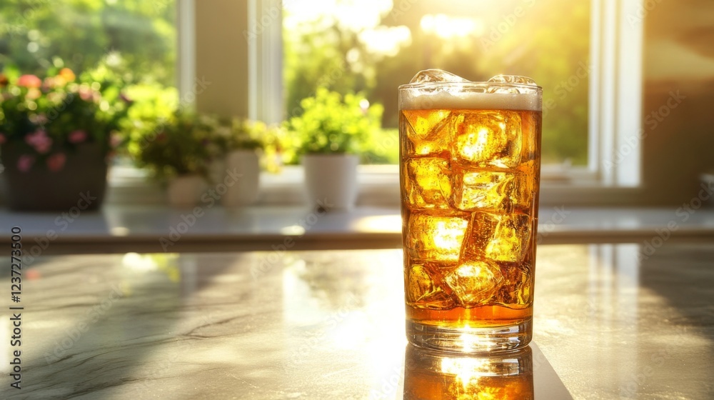 Poster a tall glass of beer with large ice cubes inside, set on a smooth countertop with natural light refl