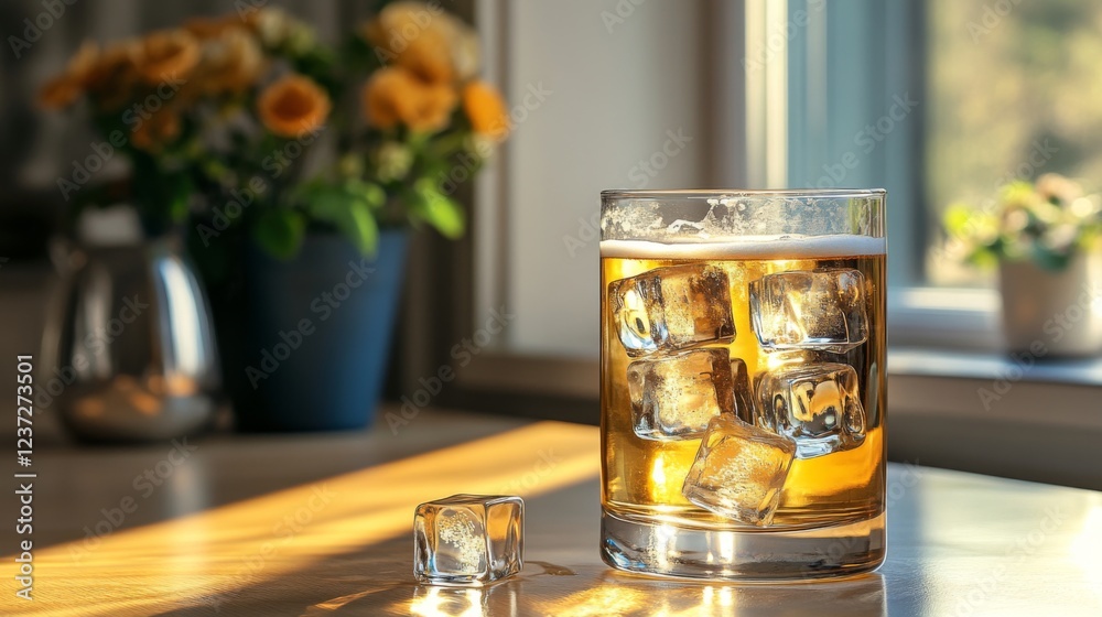 Poster a tall glass of beer with large ice cubes inside, set on a smooth countertop with natural light refl