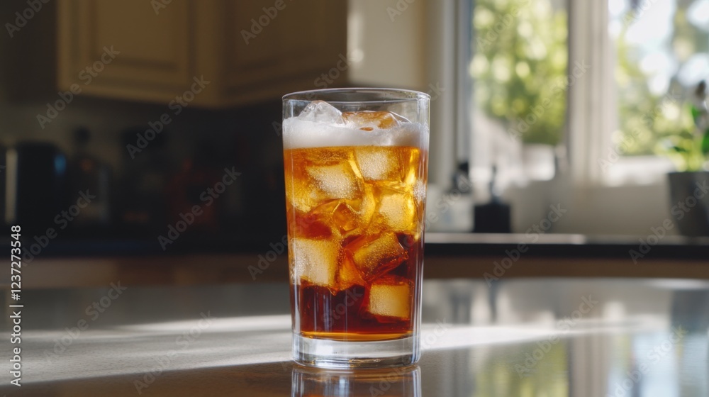 Aufkleber a tall glass of beer with large ice cubes inside, set on a smooth countertop with natural light refl