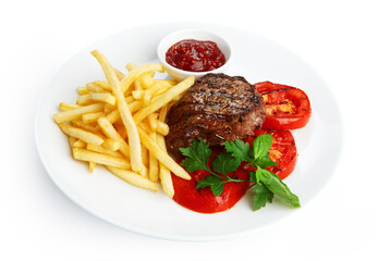 Restaurant food - beef grilled steak isolated at the white background