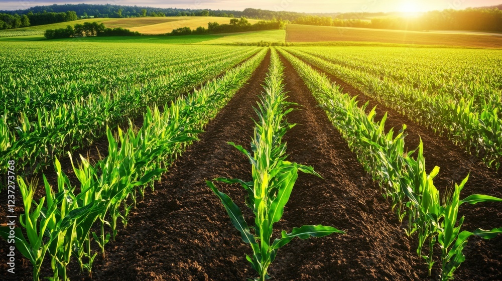 Poster A top-down view of a lush cornfield with neatly aligned rows of corn plants, creating a geometric pattern on the field, under the soft light of midday