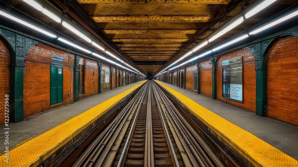 Fototapete A top-down view of a subway tunnel with parallel tracks stretching far into the distance, illuminated by strategically placed lights, creating an industrial, minimalist look