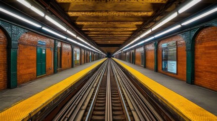 Fototapeta premium A top-down view of a subway tunnel with parallel tracks stretching far into the distance, illuminated by strategically placed lights, creating an industrial, minimalist look