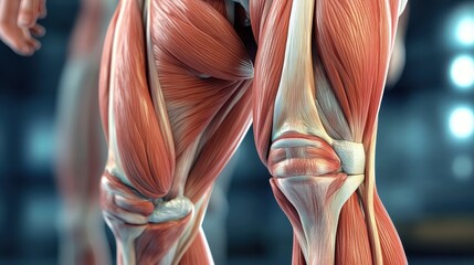 3D illustration of human knees with muscles and ligaments Anatomy of the human body.