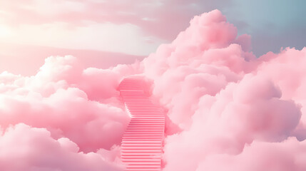 Dreamy scene with a set of stairs leading through fluffy pink clouds against a soft sky. this whimsical background creates a fantasy atmosphere and invites imagination. Euphoric Fantasy. Illustration