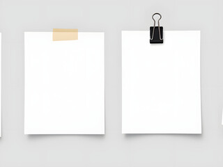 Two blank Polaroid frames, one held by tape, the other by a clip, set against a neutral background.