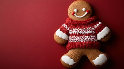 Festive gingerbread cookie in red sweater on vibrant red background