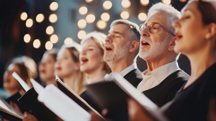 Obraz premium A wide-angle shot of a choir singing together, their voices united in harmony with the soft focus on their facial expressions and musical gestures