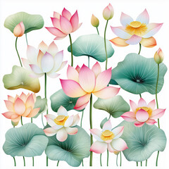 Watercolor botanical illustration of lotus, dense arrangement, high resolution on white background