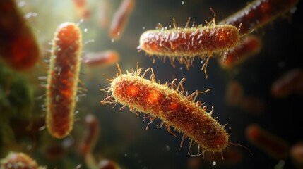 Fototapeta premium Close-up view of vibrant brown bacteria with hair-like structures in motion