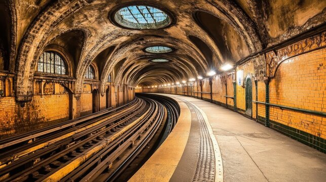 A wide shot of a subway tunnel with long, parallel tracks stretching ahead, with faint lighting casting shadows on the tunnels curved walls and floor