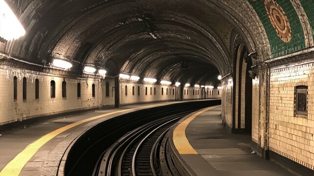 A wide shot of a subway tunnel with long, parallel tracks stretching ahead, with faint lighting casting shadows on the tunnels curved walls and floor