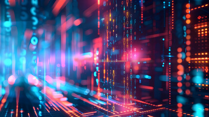 Abstract digital landscape with vibrant colors and data streams.