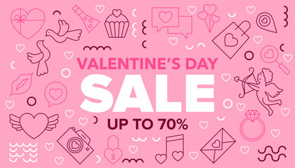 Happy Valentines Day Sale Line Banner. Vector Illustration of Outline and Contour Style. Love Romance. Seasonal Greetings. Discount Up to 70 percent Promotion. Heart Linear Objects.